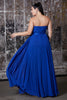 Strapless chiffon a-line dress with gathered bodice and sweetheart neckline.