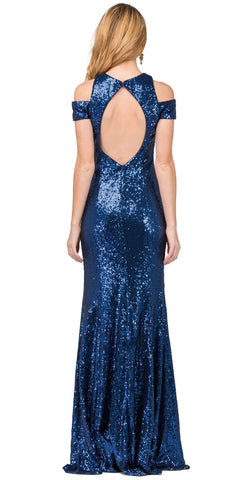COLD SHOULDER KEYHOLE BACK SEQUIN LONG PROM DRESS